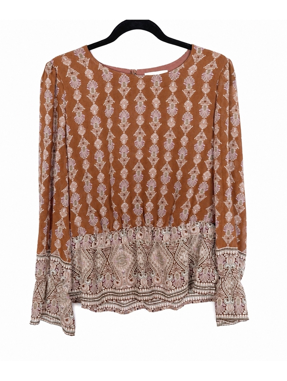 June & Hudson Boho Paisley Bell Sleeve Peplum Top Rust Brown M